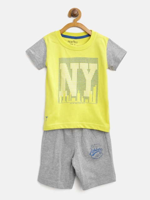 

Palm Tree Boys Lime Green & Grey Melange Printed T-shirt with Shorts