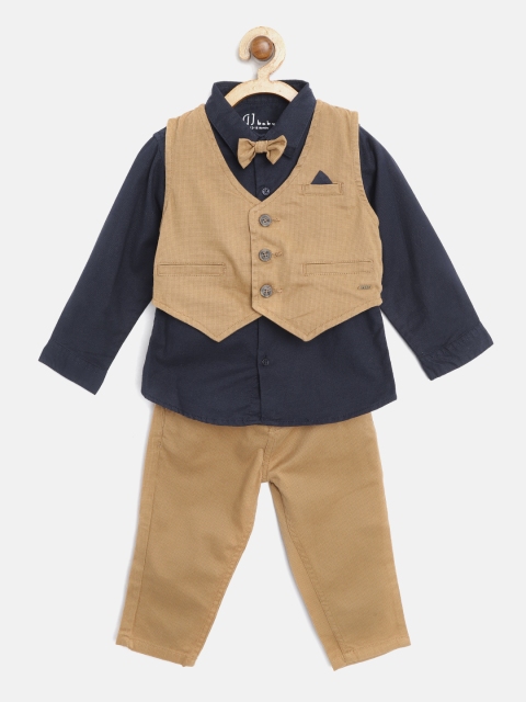 

Gini and Jony Boys Navy Blue & Khaki Solid Shirt with Trousers and Waistcoat