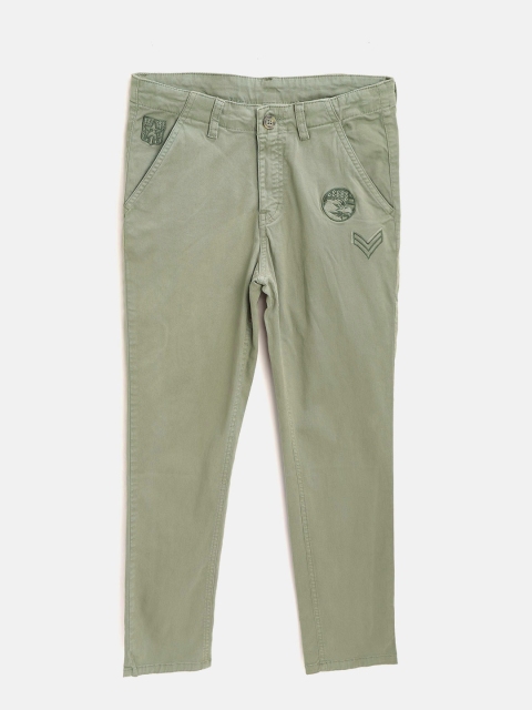 

Palm Tree Boys Olive Green Slim Fit Solid Chinos with Applique Detail