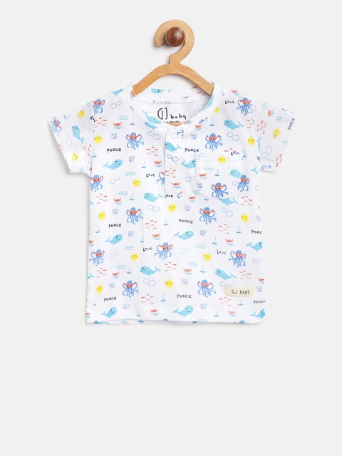 

Gini and Jony Boys White Printed & Blue Henley Neck T-shirt