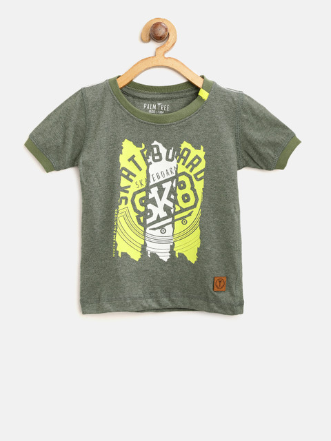 

Palm Tree Boys Olive Green Printed Round Neck Pure Cotton T-shirt