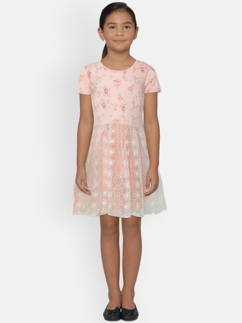 

Gini and Jony Girls Peach-Coloured & White Printed Fit and Flare Dress