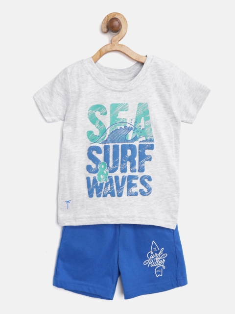 

Palm Tree Boys Grey Melange & Blue Printed T-shirt with Shorts