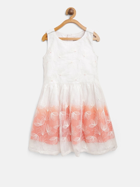

Palm Tree Girls White & Peach-Coloured Embroidered A-Line Dress