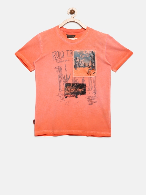 

Gini and Jony Boys Coral Orange Printed Round Neck T-shirt with Applique Detail