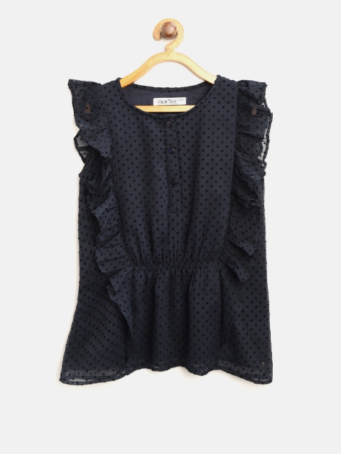 

Palm Tree Girls Navy Blue Polka Dot Print Top with Ruffled Detail