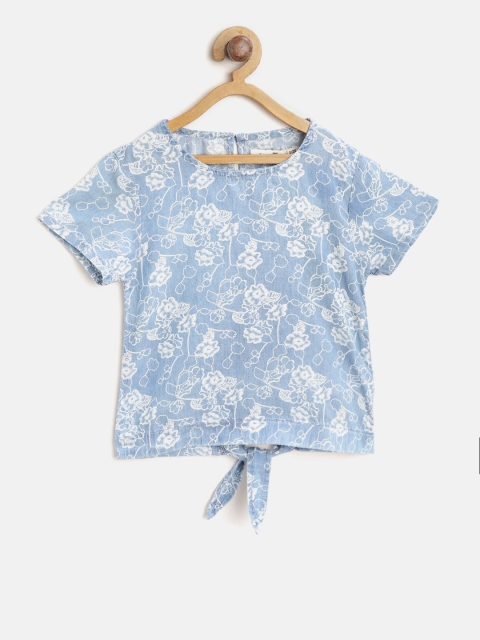 

Palm Tree Girls Blue & White Printed Blouson Pure Cotton Top