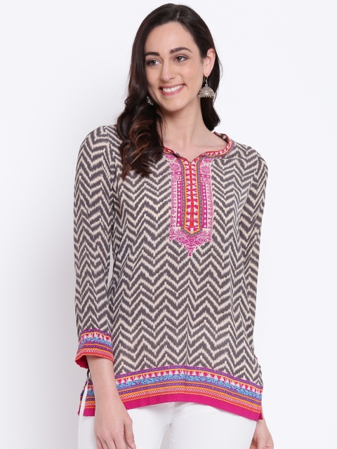 

Biba Women Beige & Charcoal Grey Chevron Print Straight Kurti