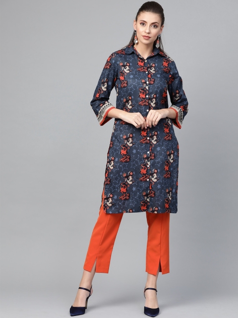 

Biba Women Navy Blue & Orange Printed Straight Kurta