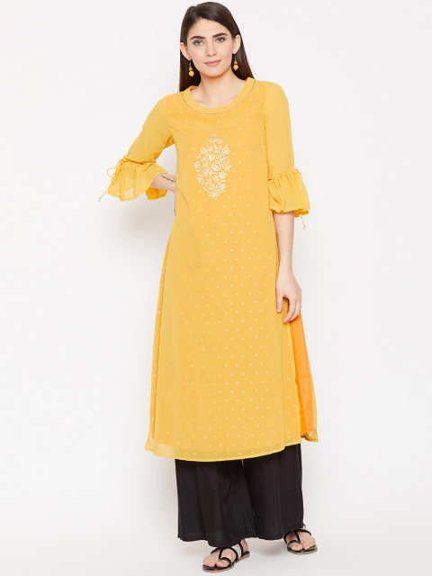 

Biba Women Yellow Printed Straight Kurta
