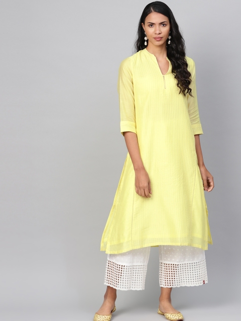 

Biba Women Yellow Self-Striped A-Line Kurta