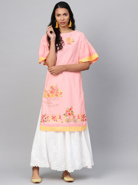 

Biba Women Peach-Coloured Floral Print Straight Kurta