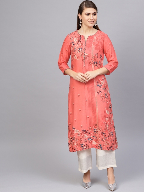 

Biba Women Coral Pink Printed Straight Kurta