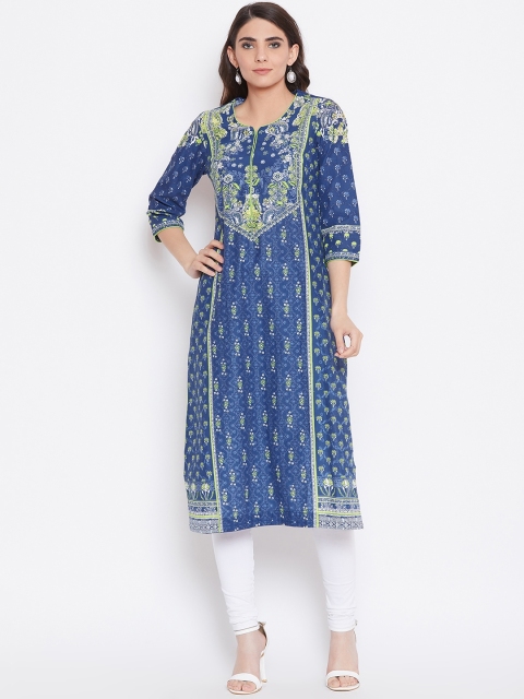 

Biba Women Blue & Green Printed Straight Kurta