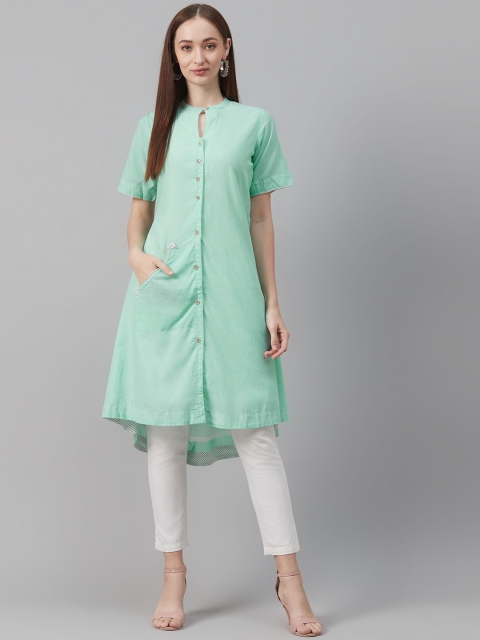 

Biba Women Sea Green Solid High-Low A-Line Kurta