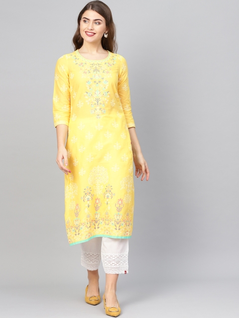 

Biba Women Yellow & White Floral Printed Straight Kurta