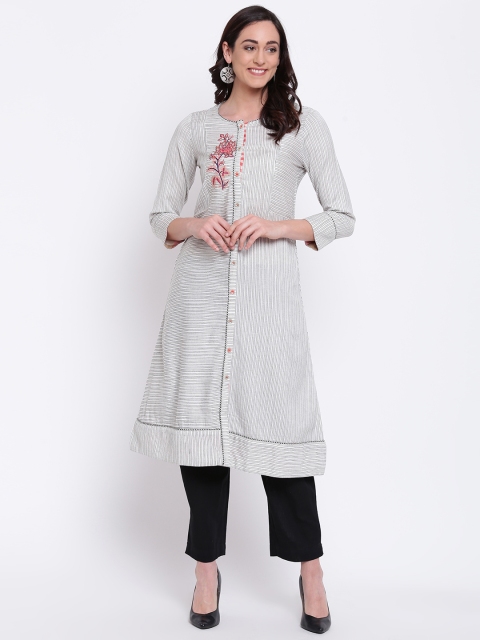 

Biba Women Off-White & Black Striped A-Line Kurta
