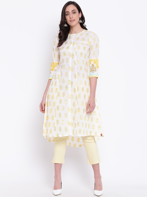 

Biba Women Off-White & Yellow Printed A-Line Kurta