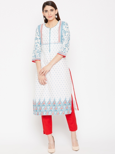 

Biba Women White & Blue Printed Straight Kurta