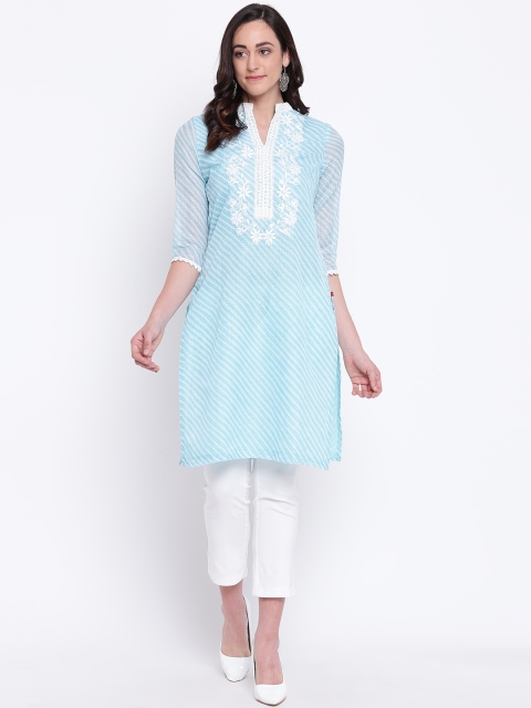 

Biba Women Blue & White Striped Straight Kurta