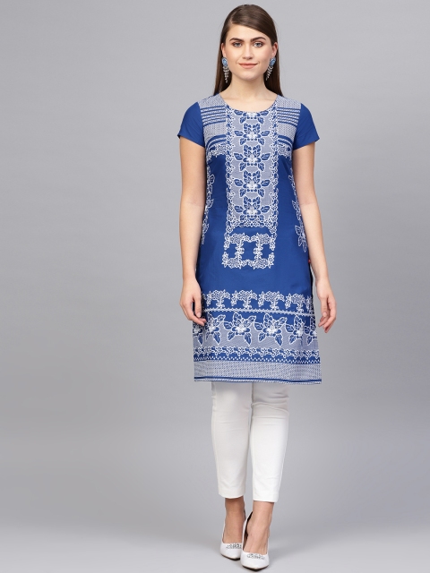 

Biba Women Blue & White Printed Straight Kurta