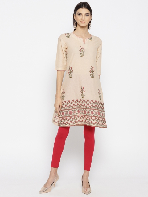 

Biba Women Beige & Pink Printed A-Line Kurta