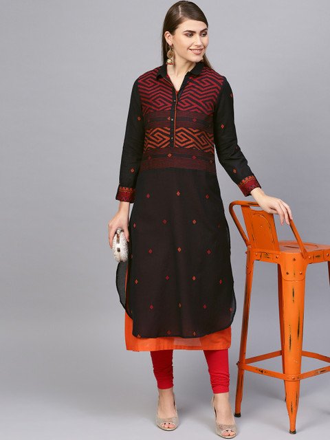 

Biba Women Navy Blue & Orange Woven Design Layered A-Line Kurta