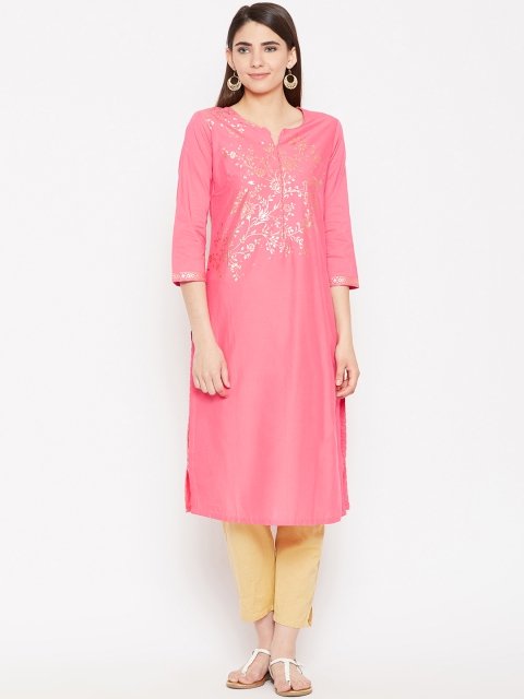 

Biba Women Pink & Gold-Toned Printed Straight Kurta