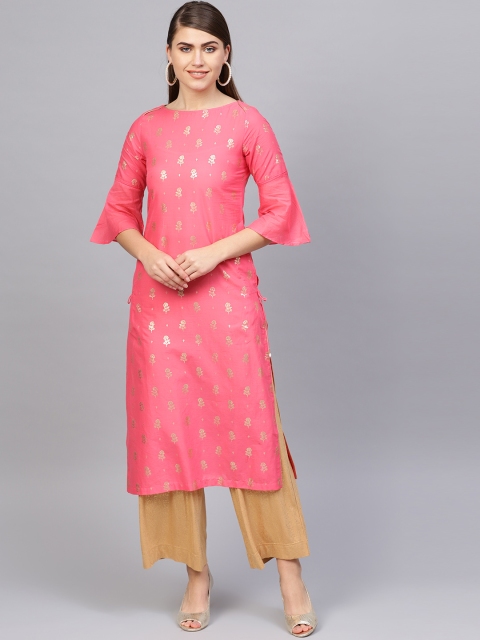 

Biba Women Pink & Golden Printed Straight Kurta