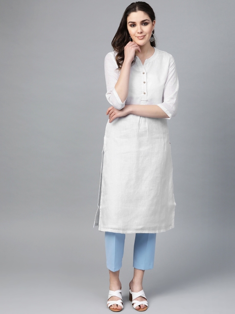 

Biba Women White Solid Linen Straight Kurta