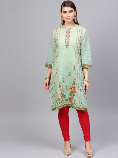 

Biba Women Green Floral Printed Straight Kurta