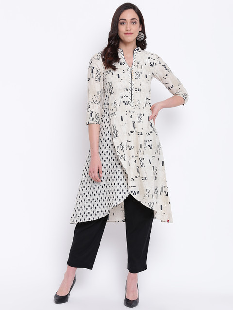 

Biba Women Beige & Black Printed Asymmetric A-Line Kurta