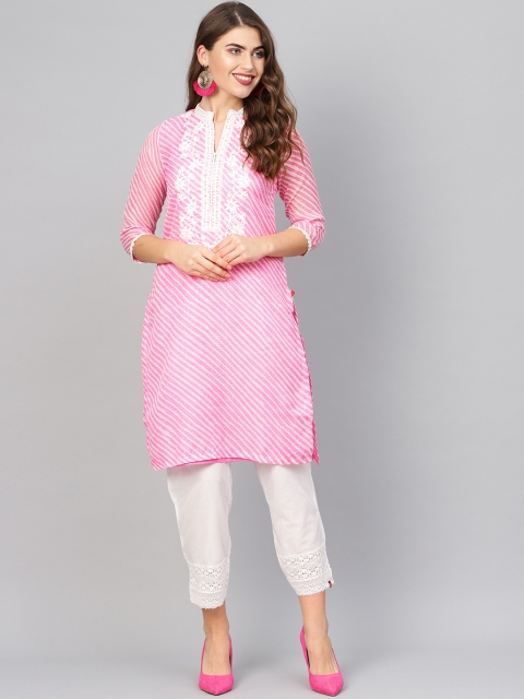 

Biba Women Pink & White Woven Design Chikankari Work Straight Kurta