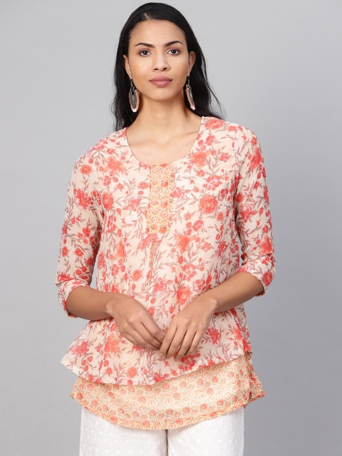 

Biba Women Beige & Orange Printed Layered Tunic