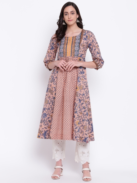 

Biba Women Peach-Coloured & Blue Printed A-Line Kurta