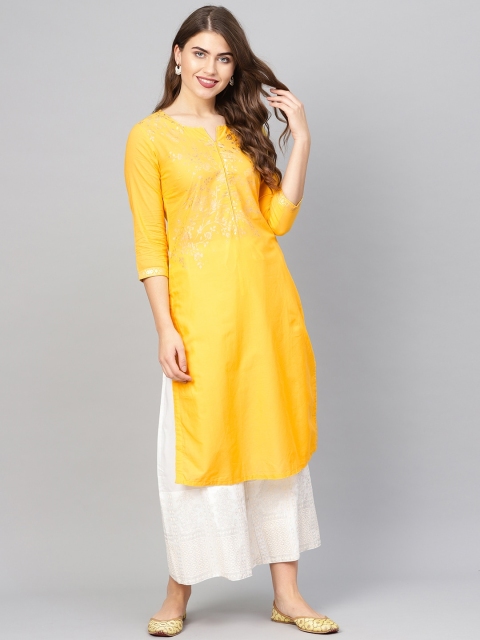 

Biba Women Yellow Yoke Design Straight Kurta