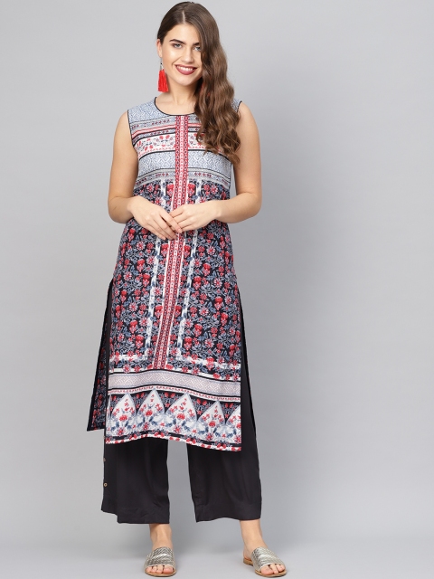 

Biba Women Blue & Red Printed Straight Kurta