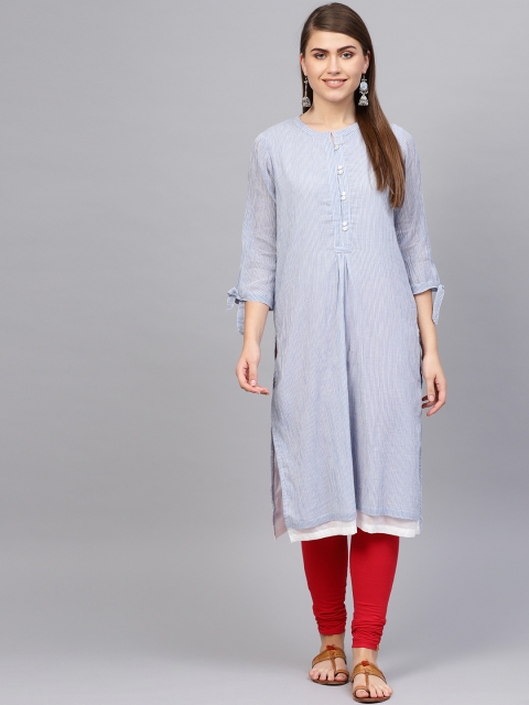 

Biba Women Blue & White Striped Straight Kurta