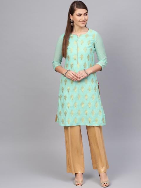 

Biba Women Sea Green & Golden Woven Design Straight Kurta