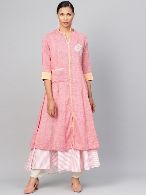 

Biba Women Pink Woven Design Layered A-Line Kurta