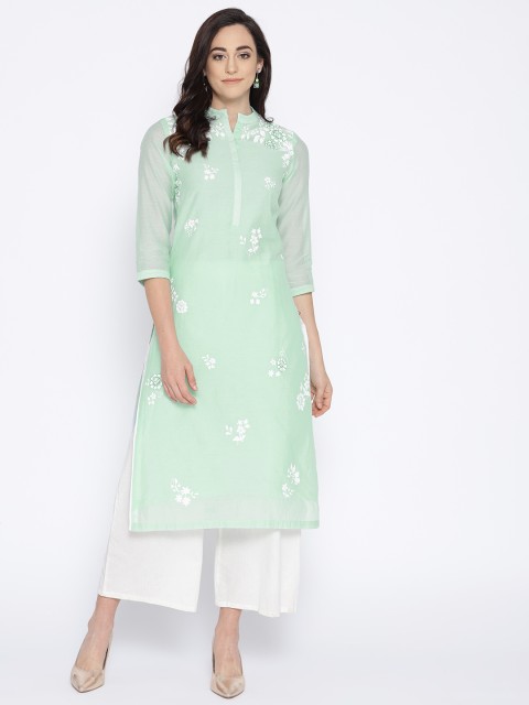 

Biba Women Sea Green & White Floral Print Straight Kurta