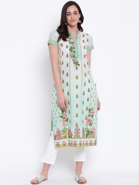 

Biba Women Green & Pink Printed Straight Kurta