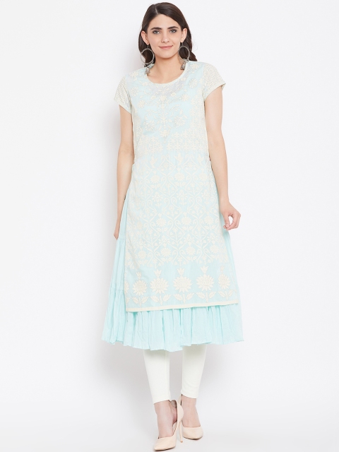 

Biba Women Blue & Off-White Printed Tiered A-Line Kurta with Printed Layer