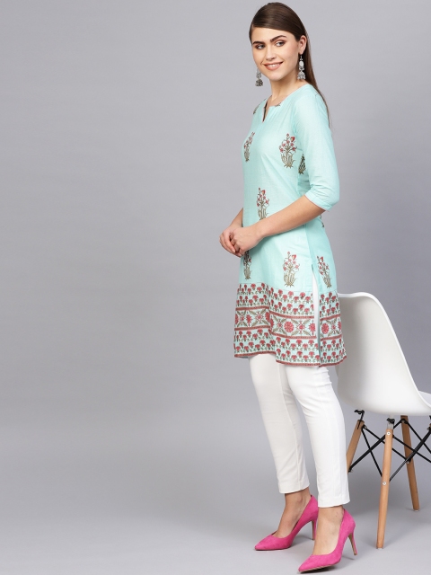 

Biba Women Blue & Pink Printed Straight Kurta