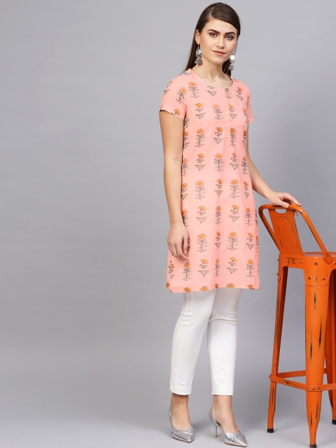 

Biba Women Peach-Coloured & Green Printed Straight Kurta