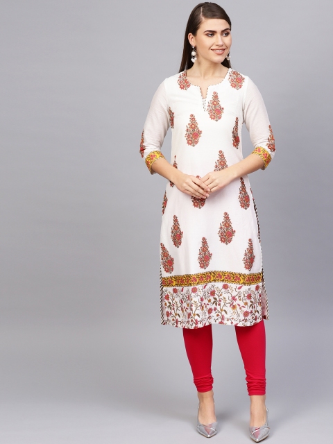 

Biba Women Off-White & Pink Printed Straight Kurta