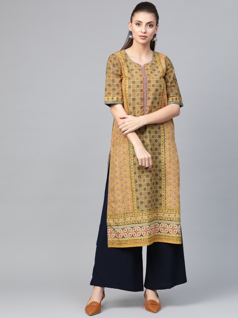 

Biba Women Mustard Yellow & Navy Blue Siyahi Print Straight Kurta