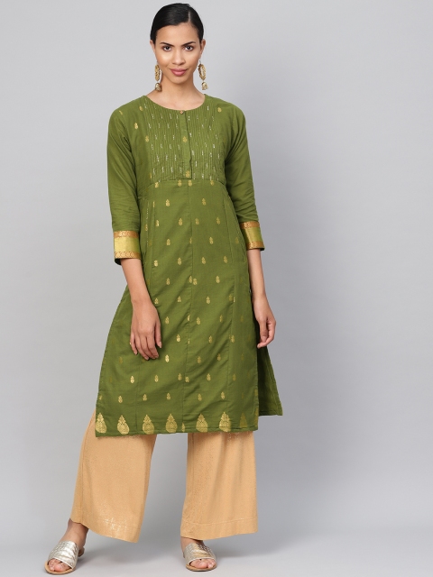 

Biba Women Green & Golden Woven Design Straight Kurta