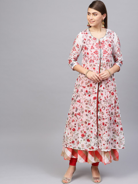 

Biba Women White & Coral Pink Floral Printed Layered A-Line Kurta