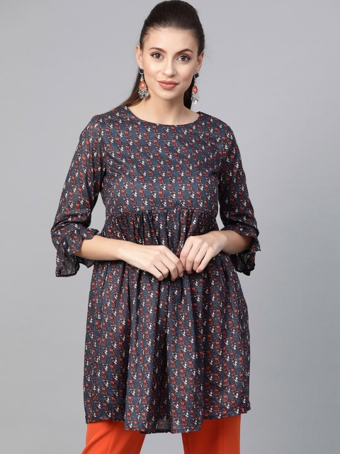 

Biba Women Navy Blue & Orange Printed Longline Empire Pure Cotton Top